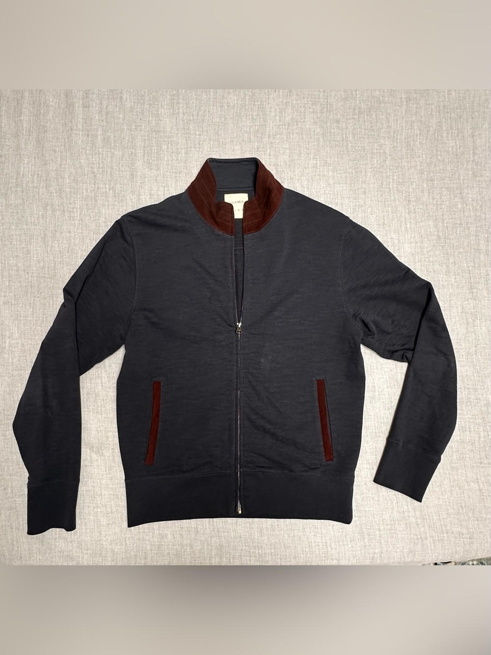Billy Reid Slub Terry Full Zip Bomber Jacket Navy Blue Brown Suede Trim Sz M